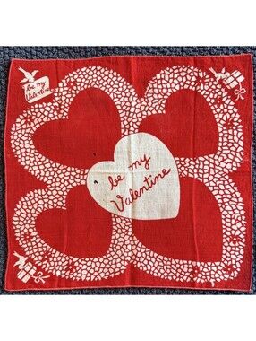 Vintage "Be My Valentine" Collectible Handkerchief Red & White Heart Print